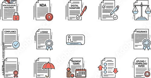 Collection of contract and legal document icons, including NDA, license, compliance, and digital signature, for business and legal concepts