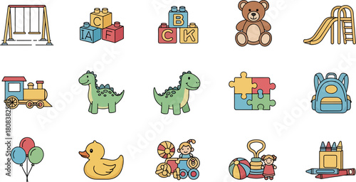Collection of cute cartoon baby toys including a swing set, building blocks, teddy bear, slide, train, dinosaurs, puzzles, backpack, balloons, duck, doll, and crayons