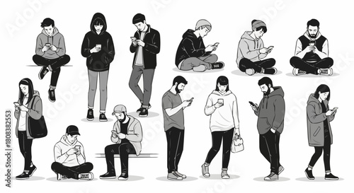 People engrossed in their smartphones, lost in digital worlds, connected.