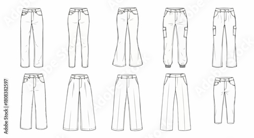 Collection of womens pants and jeans fashion flat sketches.