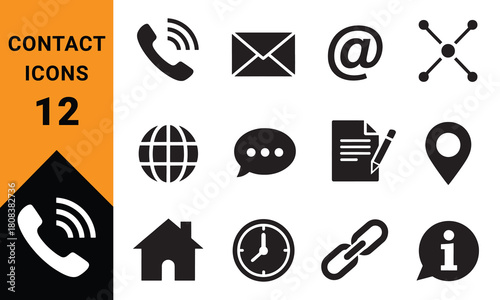 Versatile contact icon set featuring communication symbols for business technology and personal connections adaptable for web and print design applications
