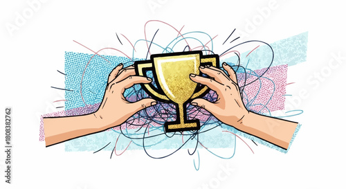 Two Hands Holding a Golden Trophy Amidst Chaos.