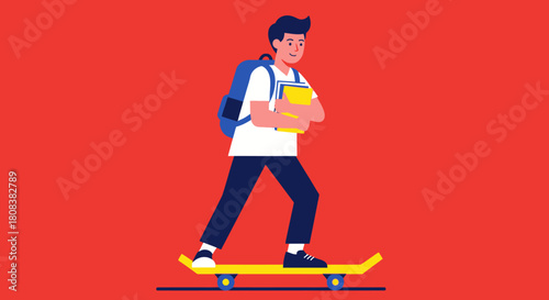 Student Riding Skateboard, Young Man with Books and Backpack, Cartoon Skateboarder Illustration