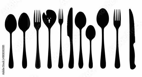 Collection of various black silhouette cutlery set on white background.