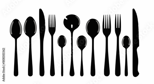 Elegant Black Cutlery Set - Spoons, Forks, and Knives in Silhouette.