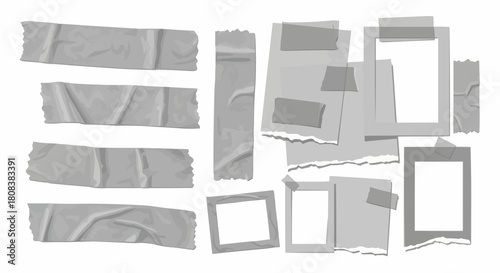 Set of gray adhesive tape strips and torn paper elements for collage.
