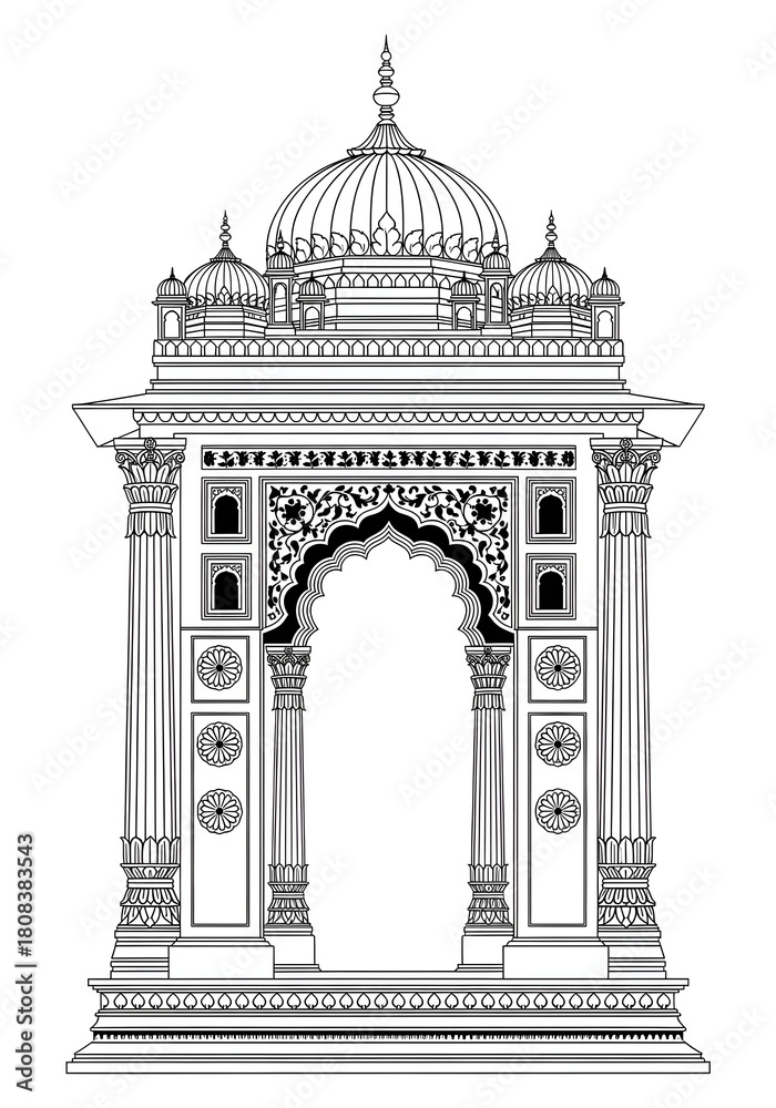 Fototapeta premium Detailed vector illustration of a traditional Indo-Saracenic architectural archway featuring ornate columns, a cusped mihrab, and a superstructure topped by multiple domes.