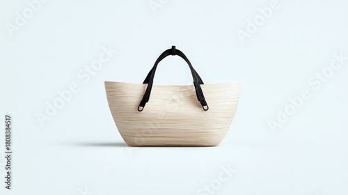 A light-colored, woven bucket bag with black straps is displayed against a plain, light blue backdrop.