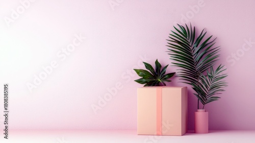 A pastel pink box with a ribbon sits next to a pink vase holding lush green tropical leaves and a large palm frond.