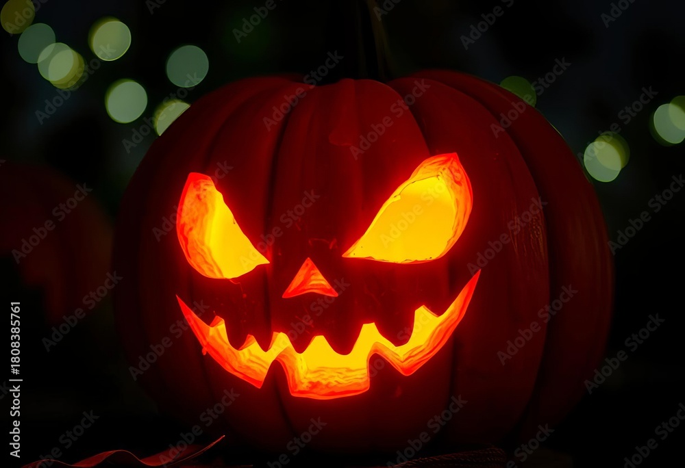 Fototapeta premium Pumpkin with a carved jack-o'-lantern face glowing eerily in the dark, spooky, glowing
