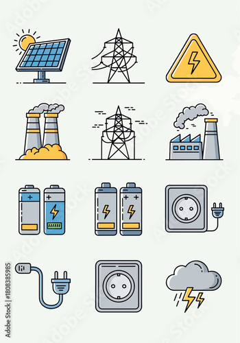 Collection of diverse energy sources and electrical symbols including solar panel, power lines, factory, batteries, plug, and outlet, flat design icons
