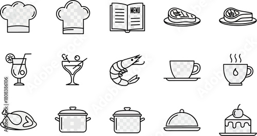 Collection of diverse food and drink icons featuring chef hats, menu, steak, shrimp, cocktails, coffee, roast chicken, pots, and cake, all on a white background.