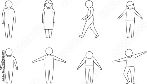 Collection of Diverse Human Figures Representing Various Poses and Actions, Simple Line Art, Isolated on White Background