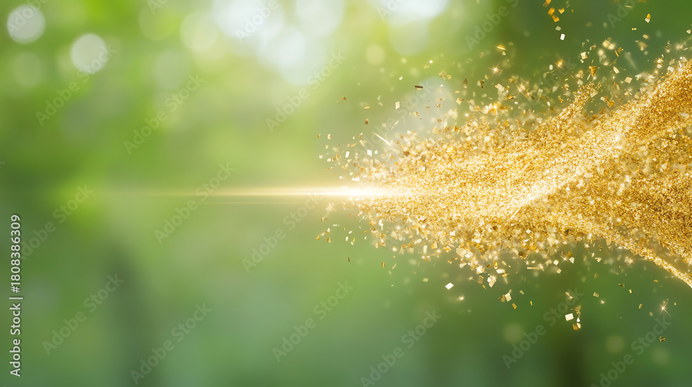 Obraz premium A stunning display of golden particles sparkling in a serene, natural background, embodying beauty and tranquility in nature.