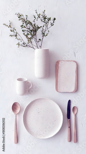 A clean and minimalist table setting featuring a white speckled plate, wooden spoon and knife, a small mug, and a vase with delicate green branches on a white t