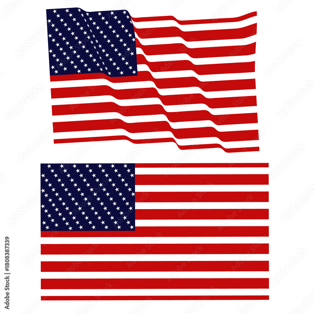 Fototapeta premium USA Flag Set – Waving American Flag & Flat American Flag Illustration