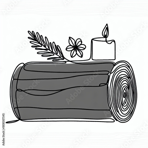 Christmas Decoration line art: A minimalist line art illustration captures the essence of Christmas, featuring a detailed log, a lit candle, and a hint of festive nature adding the celebratory touch.