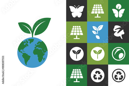 Planet Earth with sprouting leaves and a grid of eco-friendly icons.