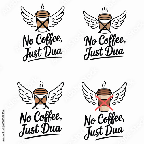 No Coffee Just Dua winged coffee cup icons with crossed out coffee and red X wings