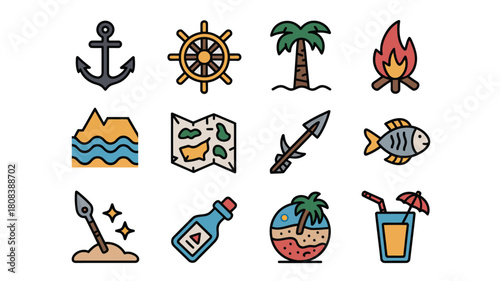 A collection of nautical and island-themed icons representing travel and leisure.