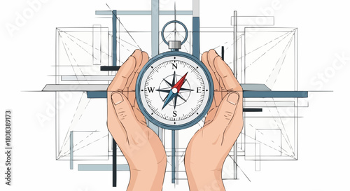Hands Holding Compass Over Architectural Blueprint, Navigating Design Direction.