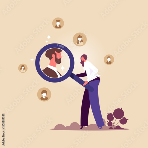 Human Resources find people to fill in job vacancy concept, searching for candidate, recruitment or finding career opportunity, businesswoman HR look through magnifying glass to find candidate people