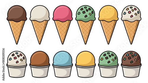 Colorful set of ice cream flavors in cones and cups: chocolate, vanilla, strawberry, mint, lemon, and sprinkles, perfect for sweet summer menu.