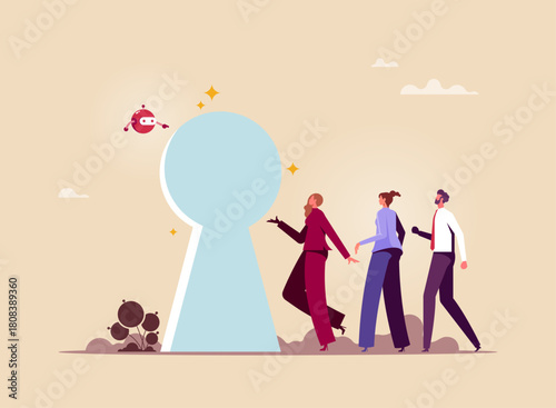 Robotic or artificial intelligence help team business on target, using AI to find direction and goals of the organization's business, artificial intelligence  guide the way or ideas to success in busi