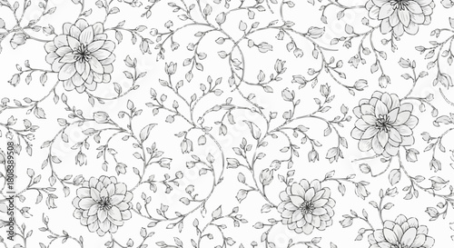 Floral pattern with detailed flowers and delicate branches on white background.