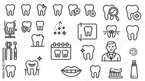 Collection of dental hygiene and medical icons representing oral health and care.