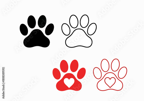 Collection of diverse paw print icons including solid black, outline, red with heart, and red outline with heart, representing pets and love.