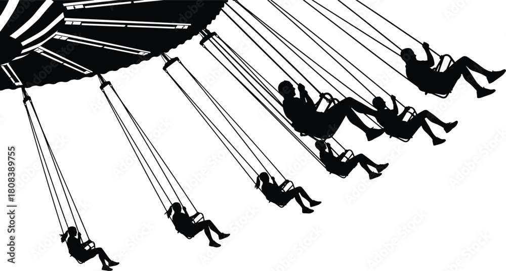 Naklejka premium Silhouette vector of people riding chain swing carousel, amusement park attraction with flying chairs, isolated on white background.