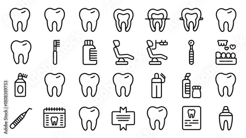 A collection of dental hygiene icons represents oral care and scientific advancements.