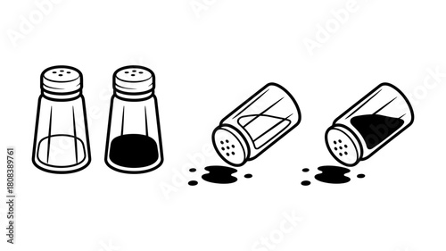 Pepper and salt shakers line art illustration set, featuring upright full and empty shakers, plus tipped over shakers spilling out pepper.