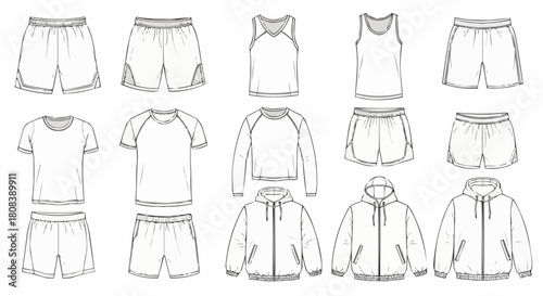 Athletic Apparel Sketches - Shorts, Tops, Hoodies for Active Lifestyle.