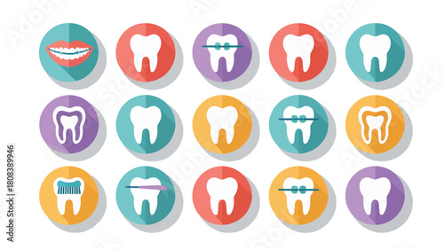 A collection of icons representing dental health and teeth care options.