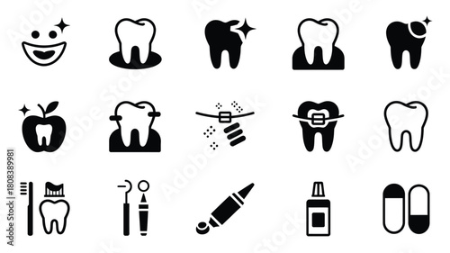 A collection of graphic icons representing dental health and care concepts.