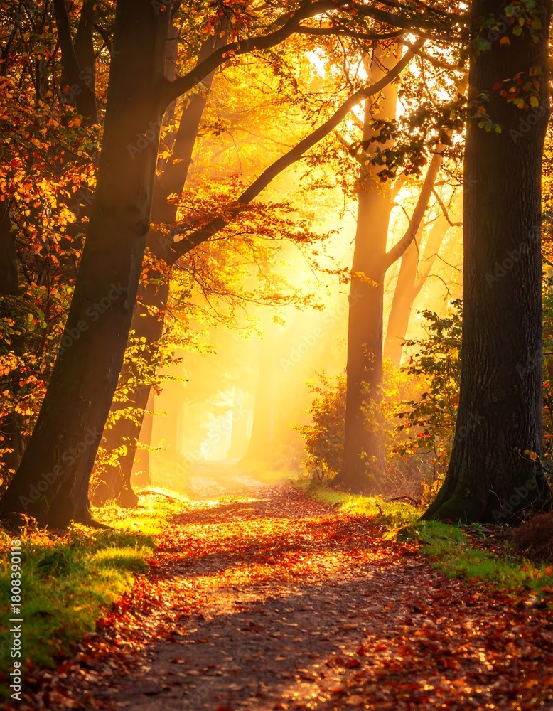 Obraz premium Golden sunlight bursts through trees along a path