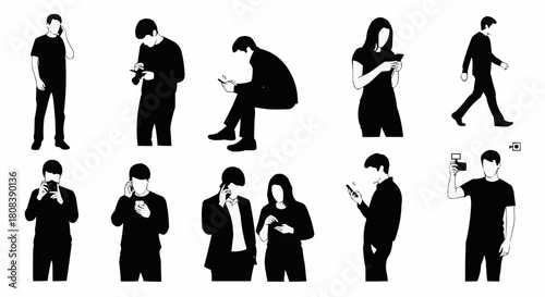 Collection of Silhouettes of People Using Mobile Phones in Various Poses.