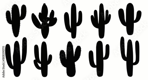 Set of ten black hand drawn saguaro cactus silhouettes.