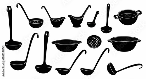 Collection of various kitchen ladles and serving spoons in silhouette.