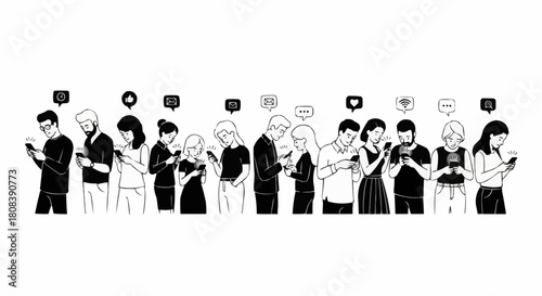 Diverse group of people engrossed in their smartphones with social media icons.