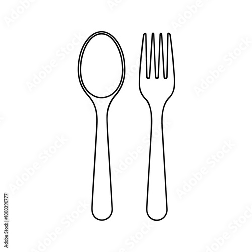 A minimalist outline illustration of a spoon and fork, a classic cutlery symbol for restaurants, cafes, food blogs, and eating concepts
