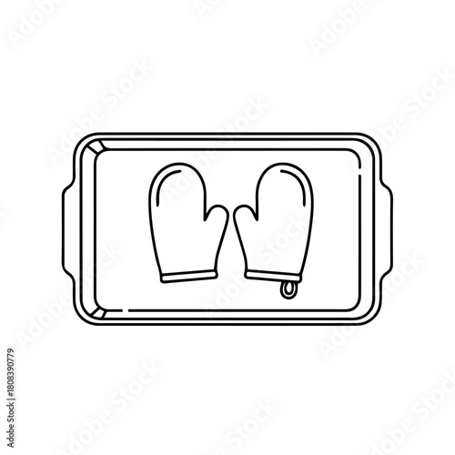 Minimalist line art illustration featuring a baking tray thoughtfully arranged with protective oven mitts, symbolizing kitchen safety and culinary preparation in a simple, clear graphic style