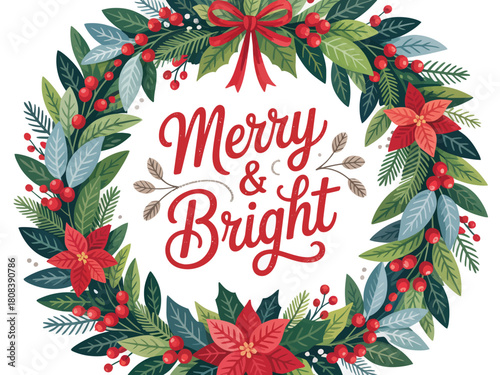 A festive Christmas wreath with the words "Merry & Bright" is depicted.