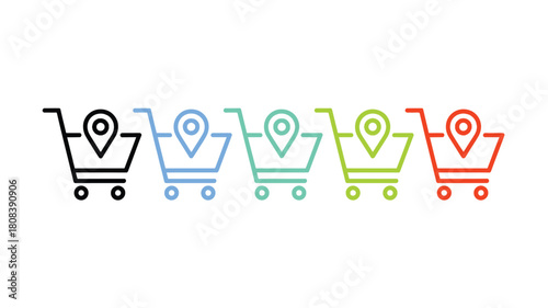 Row of shopping carts with location pins represents online shopping and delivery services.