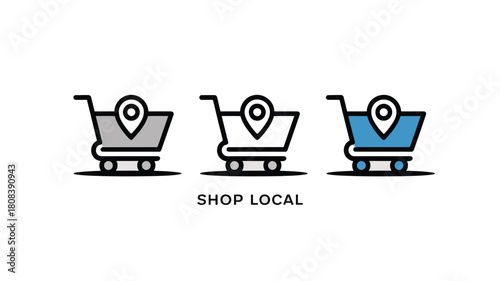Three shopping carts with location pins represent the concept of shopping local.