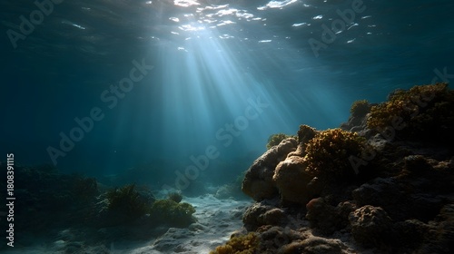 Fototapeta Naklejka Na Ścianę i Meble -  Sunbeams stream through clear ocean water illuminating a vibrant coral reef ecosystem on the seabed