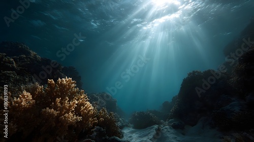 Fototapeta Naklejka Na Ścianę i Meble -  Underwater coral reef illuminated by dramatic sunbeams filtering through clear blue ocean water