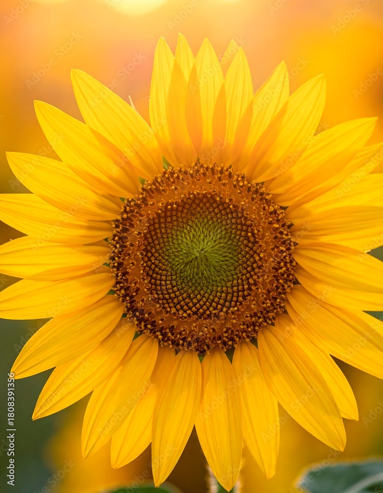 Fototapeta premium Close-up of a vibrant sunflower, its yellow petals radiating outwards, with a brown center. Backlit by golden sunlight